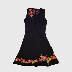 Johnny Was Los Angeles Black Sleeveless Dress w Twist Front & Flower Embroidery